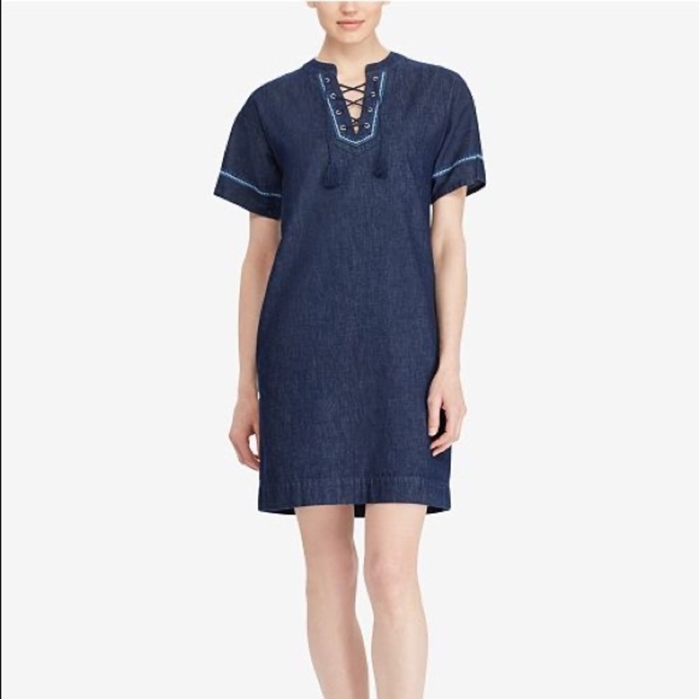 Ralph Lauren Lace-Up Cotton Denim Dress